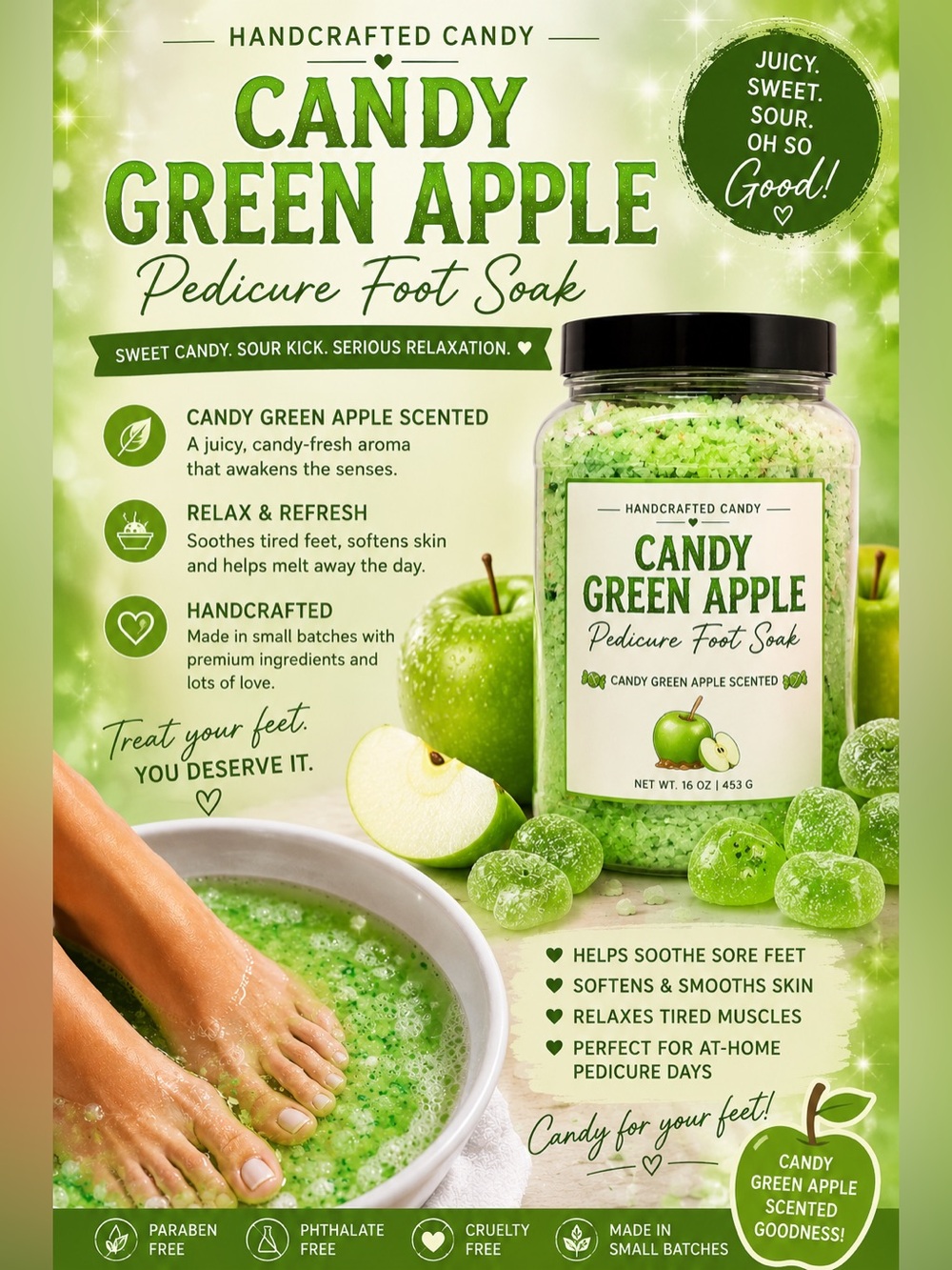 Handcrafted candy green apple foot pedicure soak